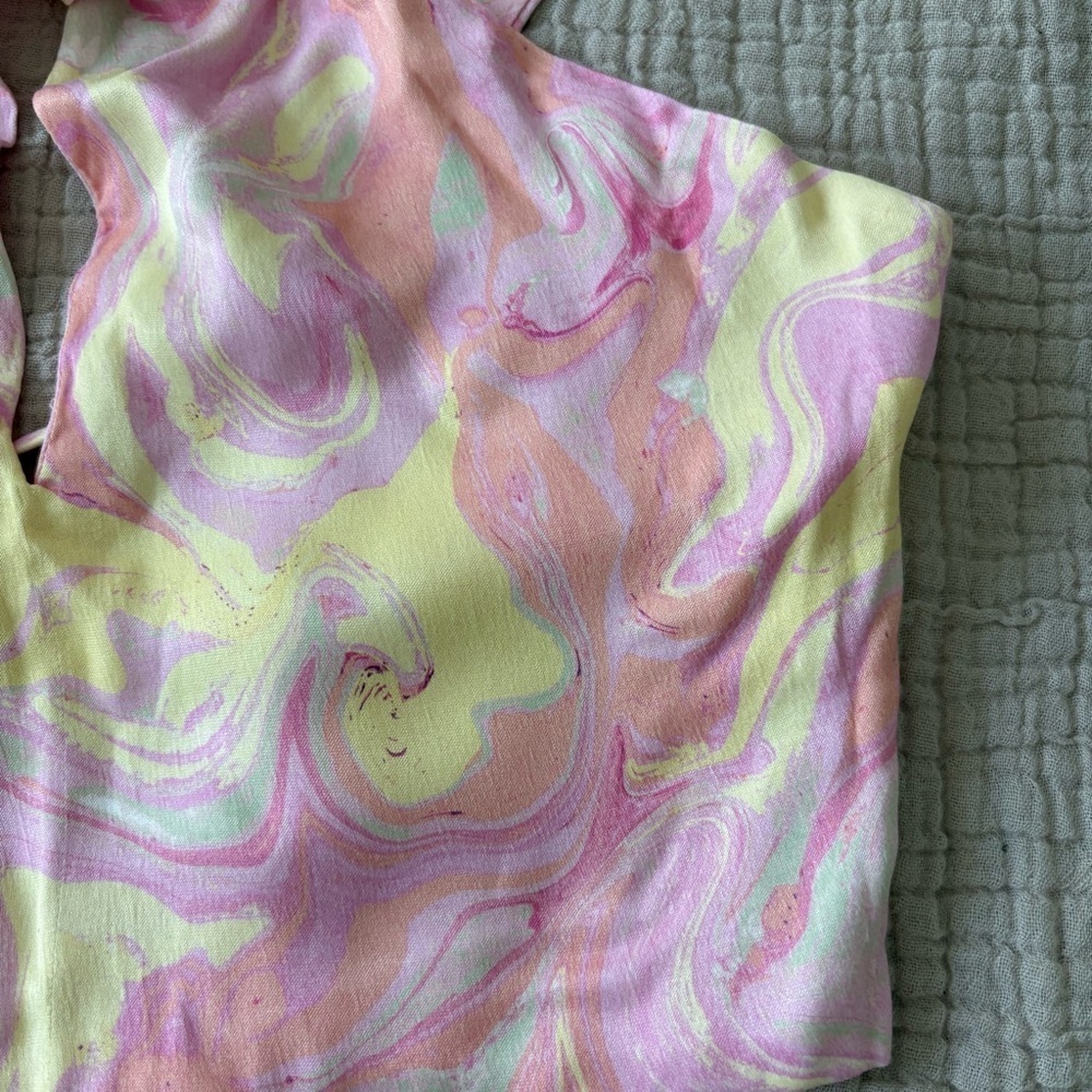 Zara Satin Marbled Keyhole Top Pink Yellow Watercolor Tie Back Halter size S - Picture 5 of 10